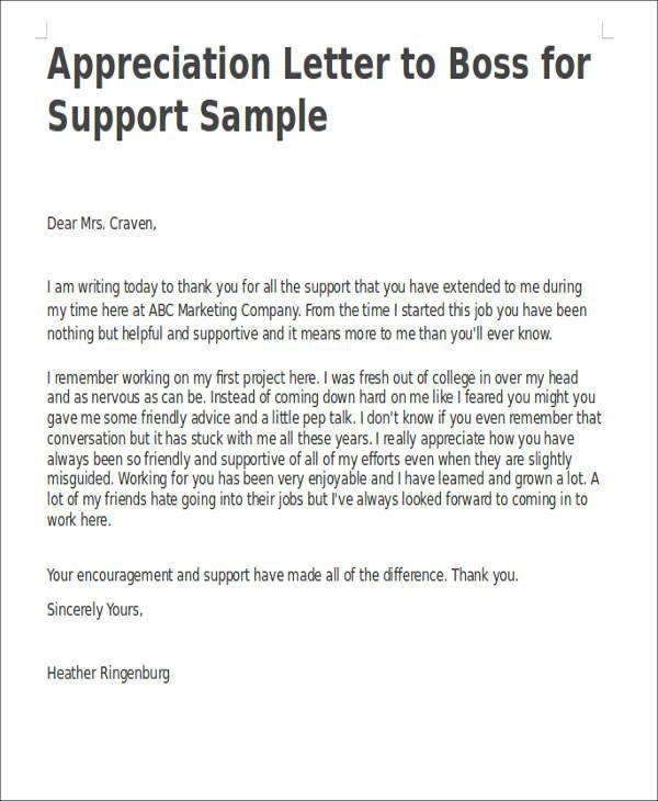 Appreciation Letter Boss For Support Sample Thank You Letters