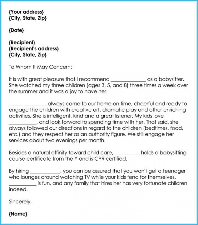 Babysitter Reference Letter