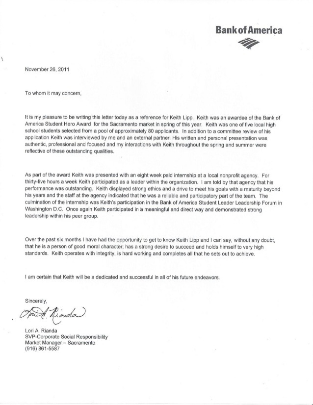 Bank Of America Student Leader Letter Of Recommendation