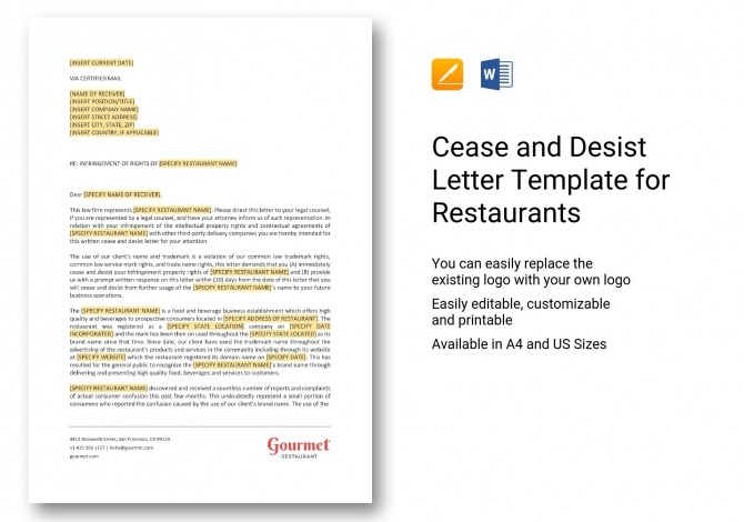 Cease And Desist Letter Template For Restaurants In Word  Apple Pages