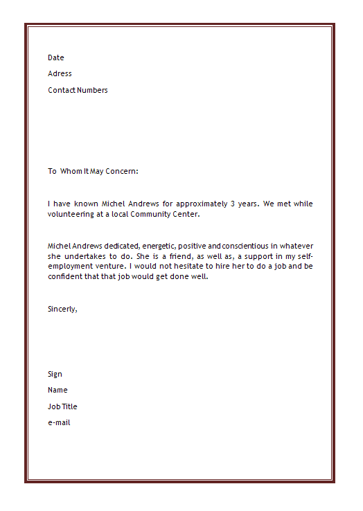 Character Reference Letter Template