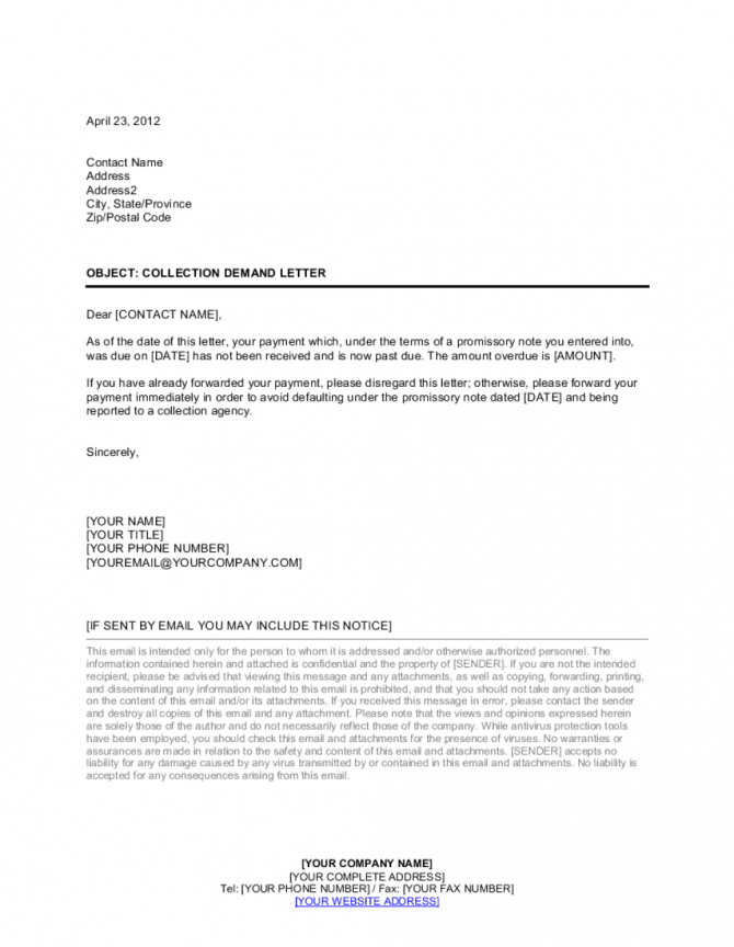 Collection Letter Following Promissory Note Template