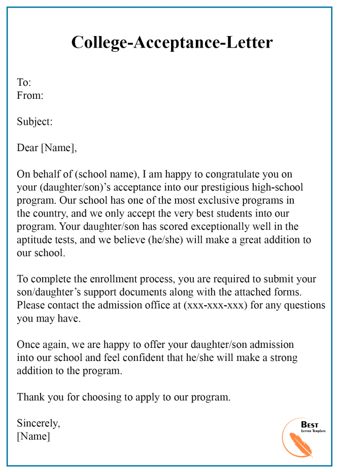 College Acceptance Letter Template  Format  Sample   Examples
