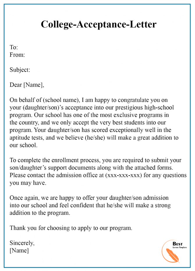 College Acceptance Letter Template  Format Sample Examples