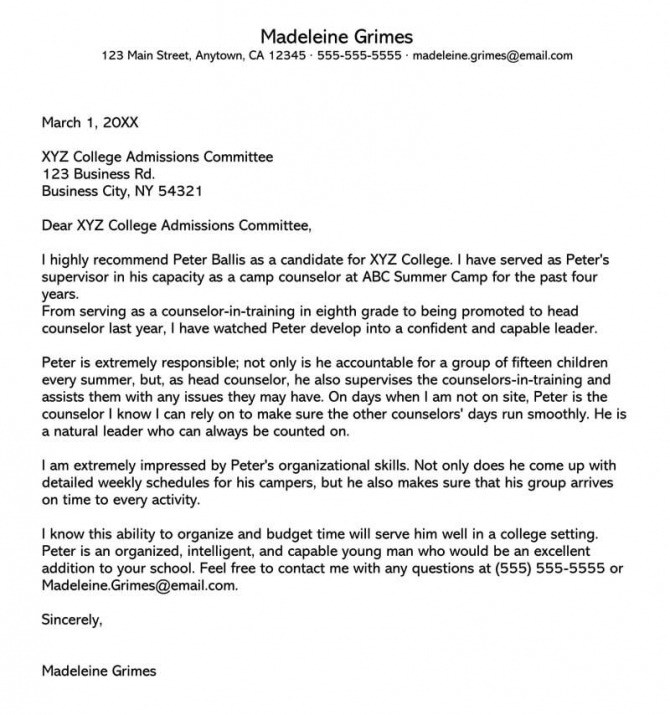College Recommendation Letter  Sample Letters   Free Templates