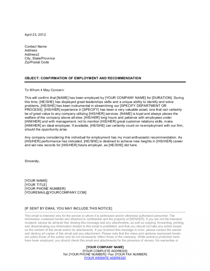 Confirmation Of Employment And Letter Of Recommendation Template