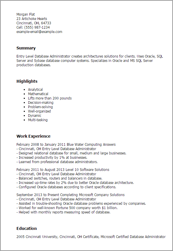 Entry Level Database Administrator Resume Templates Try Them