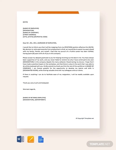 Examples On How To Write Retirement Resignation Letter