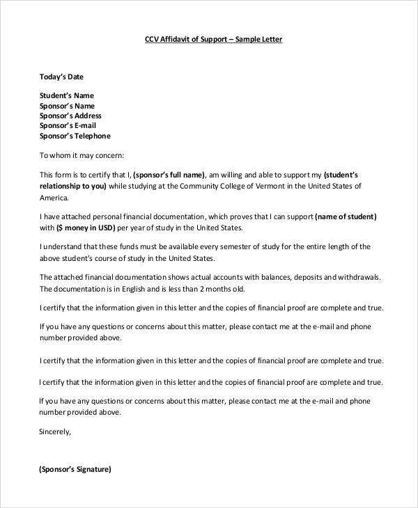 Free  Affidavit Of Support Samples And Templates In Pdf