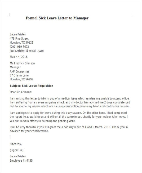 Free  Formal Sick Leave Letter Templates In Pdf