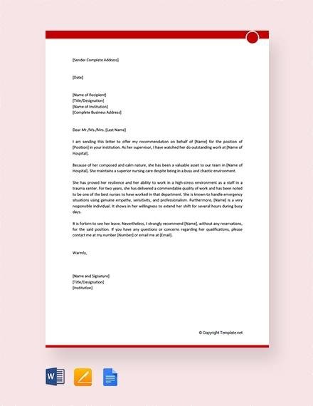 Free  Nurse Reference Letter Templates In Pdf