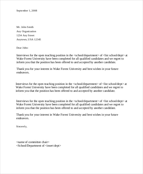 Free  Sample Applicant Rejection Letter Templates In Pdf