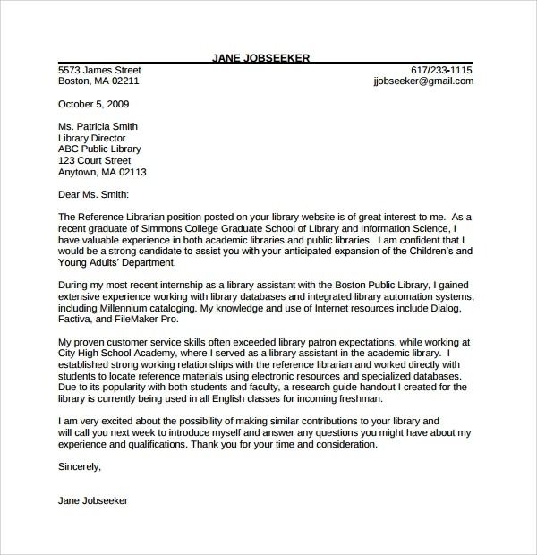 Free  Sample Librarian Cover Letter Templates In Pdf