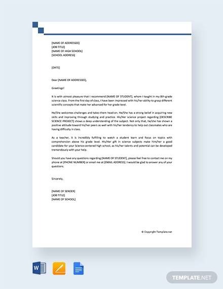 Free  Sample Recommendation Letter For High School Student In