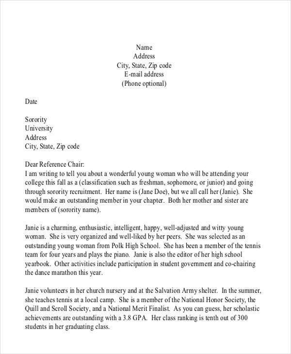 Free  Sample Sorority Recommendation Letter Templates In Pdf