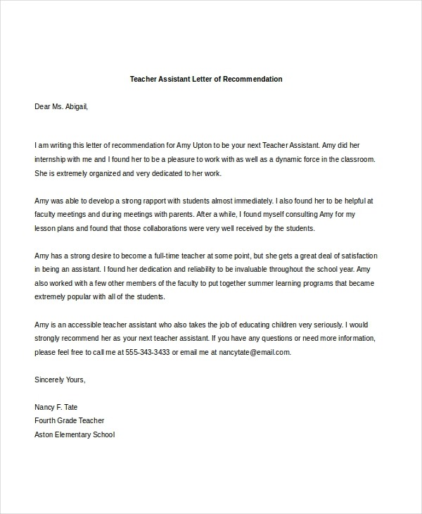 Free  Sample Teacher Letters Of Recommendation In Pdf