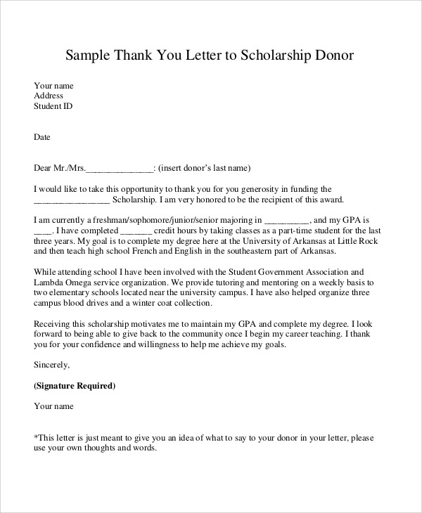 Free  Sample Thank You Letter For Scholarship In Ms Word