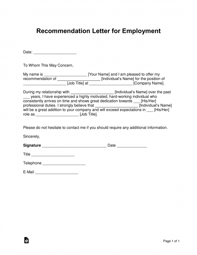 Free Job Recommendation Letter Template