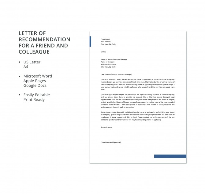 Free Letter Of Recommendation For A Friend And Colleague