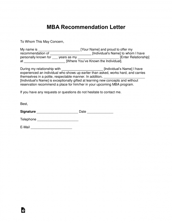 Free Mba Letter Of Recommendation Template