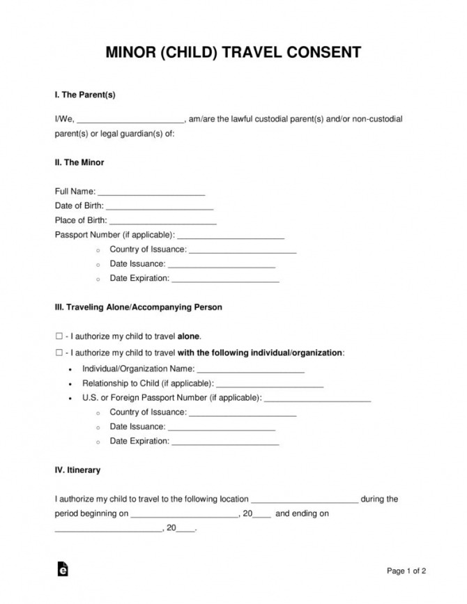 Free Minor Child Travel Consent Form Pdf Word Eforms  Free In