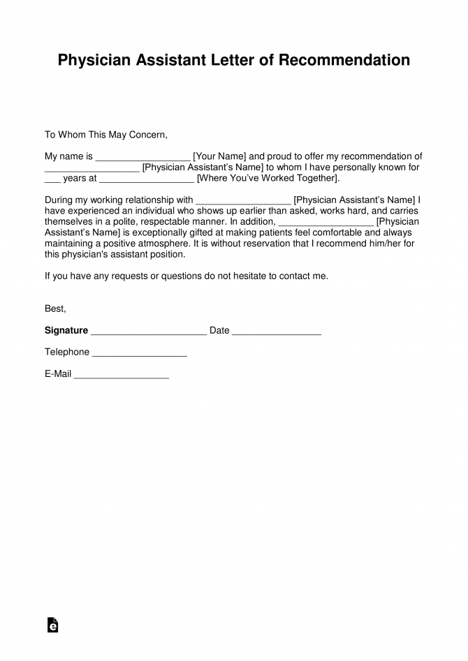 Free Physician Assistant Letter Of Recommendation Template