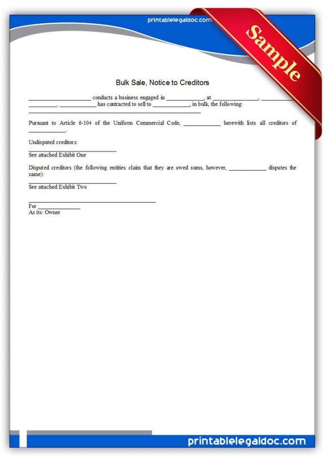 Free Printable Bulk Sale  Notice To Creditors Form Generic