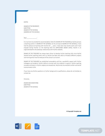 Free Recommendation Letter For A Teacher Template