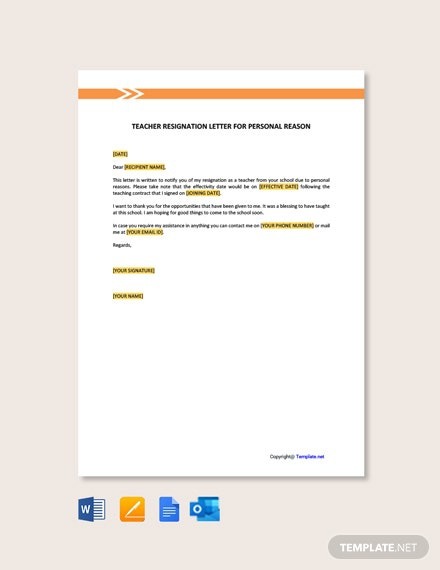 Free Teacher Resignation Letter For Personal Reasons Template