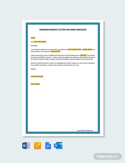Free Transfer Request Letter For Bank Employee Template