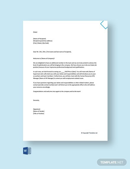 Free Welcome Letter To New Employee On First Day Template