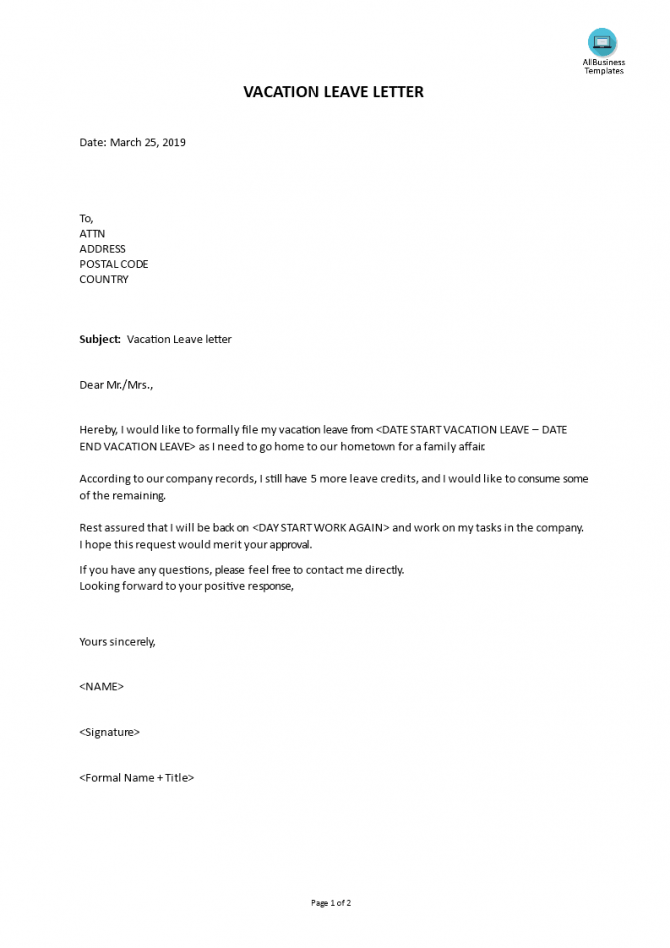 Vacation Leave Letter For Company – Gotilo