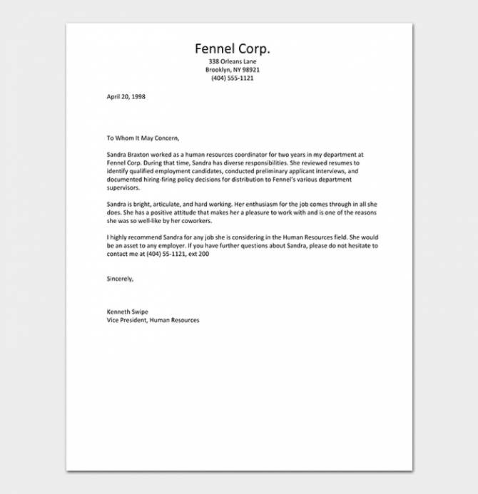 Hr Reference Letter Template