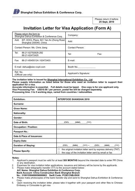 Invitation Letter For Visa Application Form A