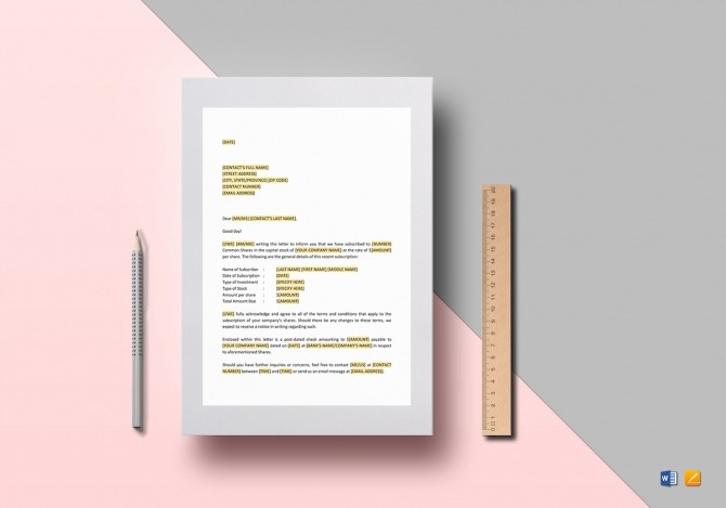 Letter Examples For A Subscription Of Shares Template In Word