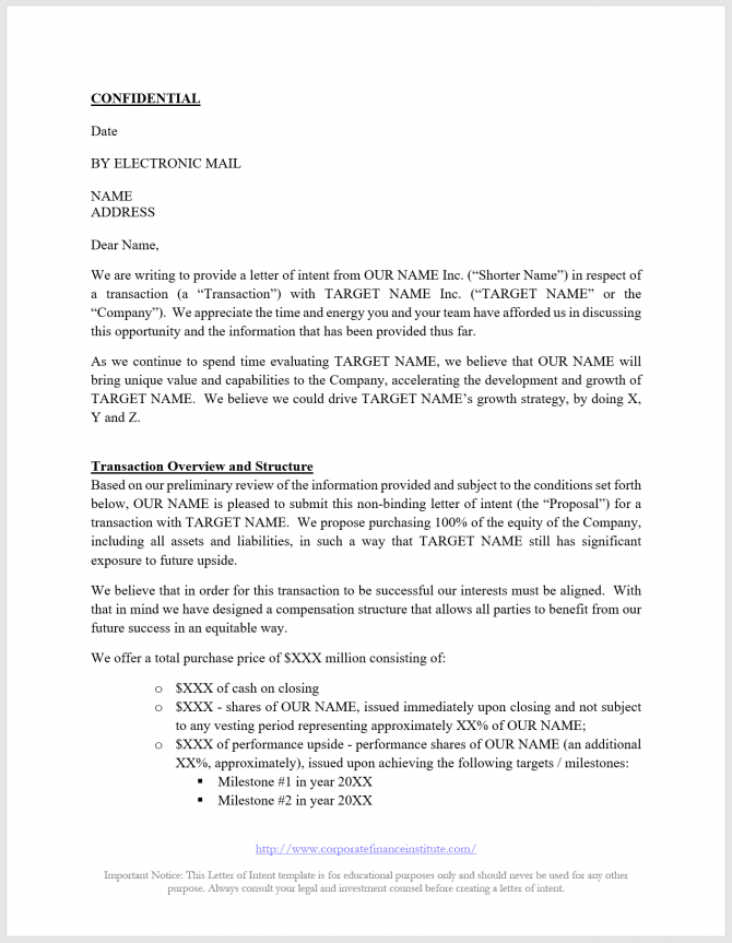 Letter Of Intent Loi Template