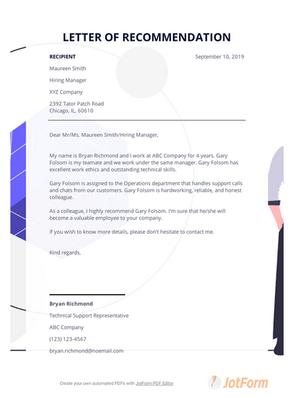 Letter Of Recommendation Template For Coworker
