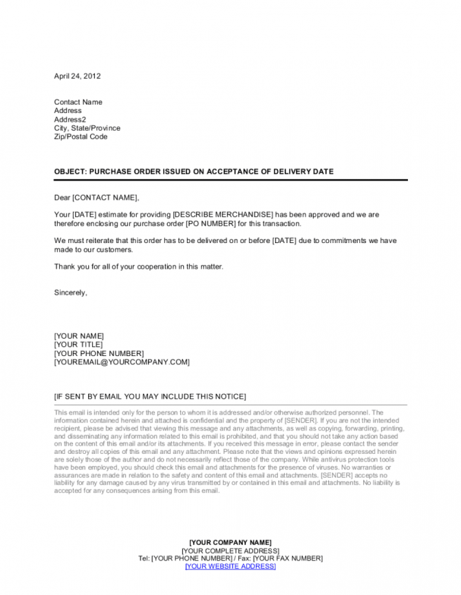 Letter Purchase Order Issued On Acceptance Of Delivery Date Letter Purchase Order Issued On Acceptance Of Delivery Date