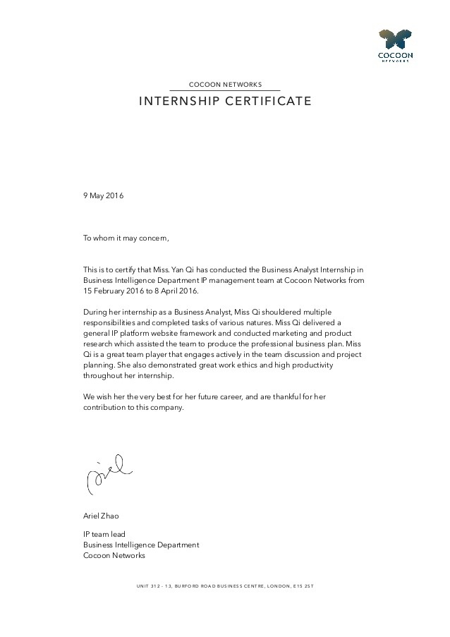 London Internship Reference Letter