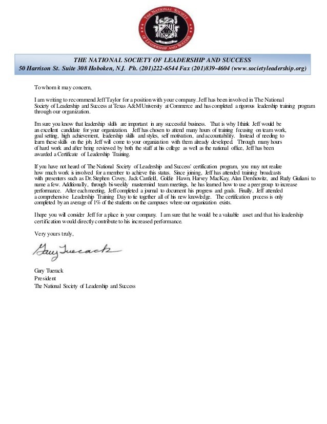 National Society Of Leadership And Sucess Recommendation Letter