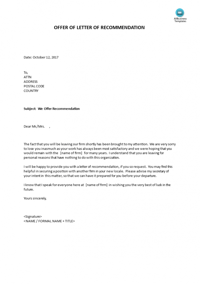 Offer Letter Of Recommendation