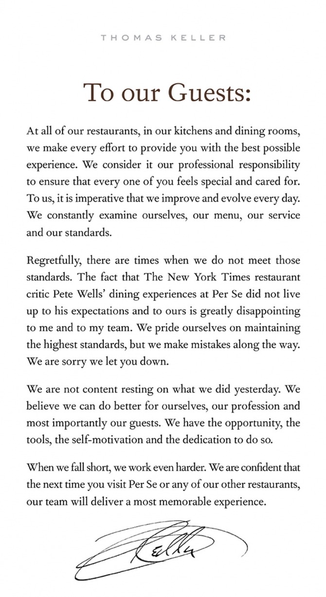 Per Se Restaurant Owner Sends Apology Letter Following Poor New