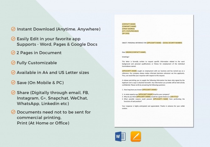 Personal Reference Check Letter Template In Word  Google Docs