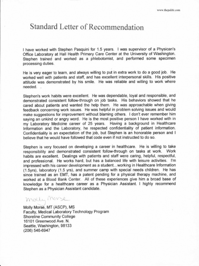 Physician Assistant Application Letter Of Recommendation Samples