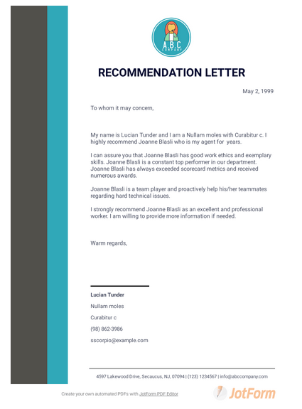 Professional Letter Of Recommendation