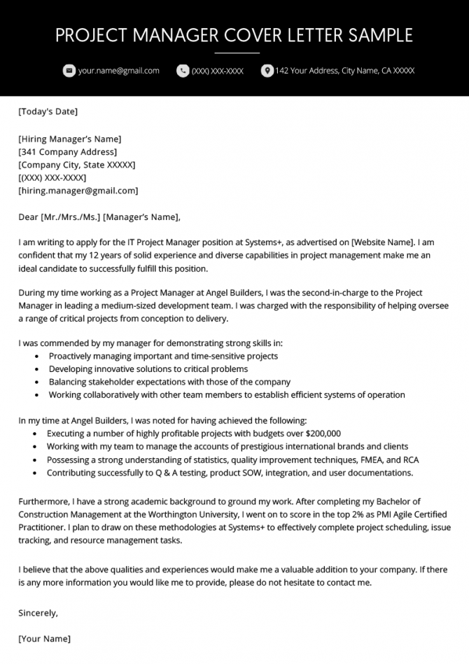 Project Manager Cover Letter Example
