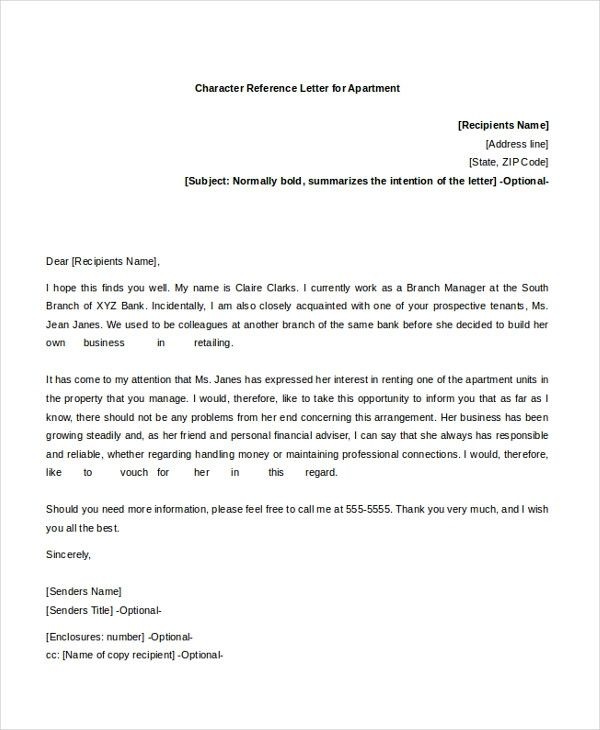 Reference Letter For An Apartment Fresh Sample Character Reference