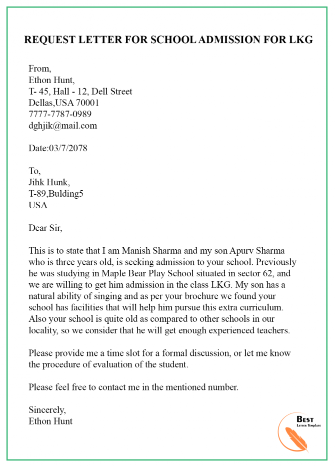 high school application letter format