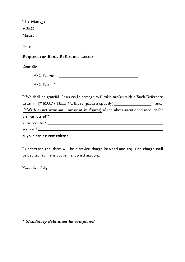 Request For Bank Reference Letter