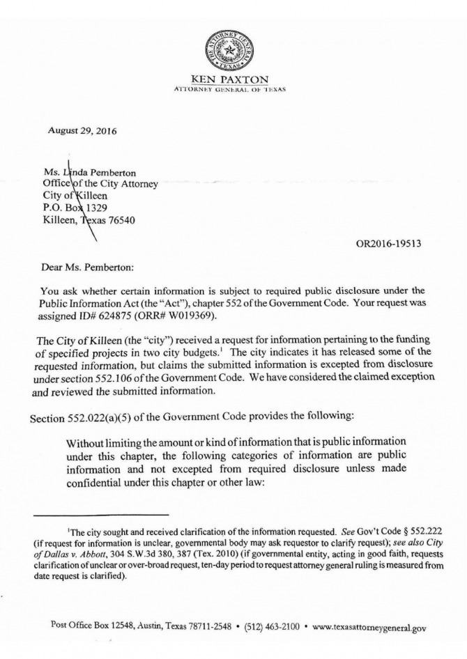 Response Letter From Texas Attorney General